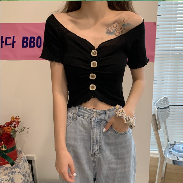 2020 new Korean version of the new big V-neck lace short-sleeved T-shirt one-neck slim fit all-match casual top women - Image 5
