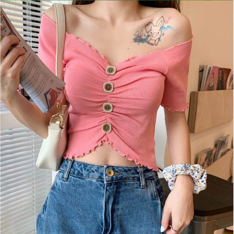 2020 new Korean version of the new big V-neck lace short-sleeved T-shirt one-neck slim fit all-match casual top women - Image 2