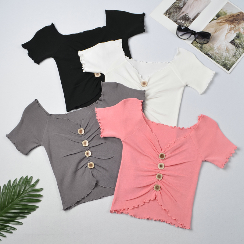 2020 new Korean version of the new big V-neck lace short-sleeved T-shirt one-neck slim fit all-match casual top women - Image 3
