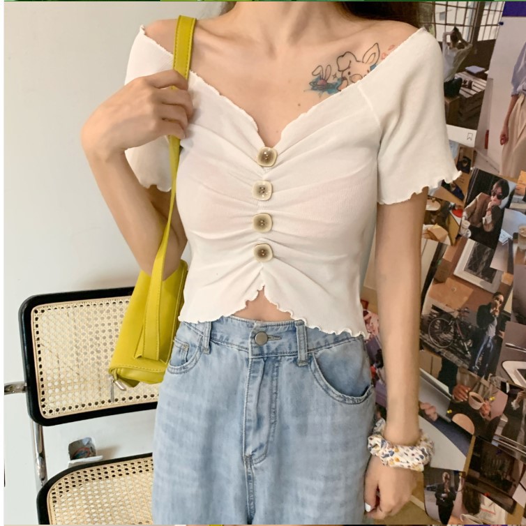 2020 new Korean version of the new big V-neck lace short-sleeved T-shirt one-neck slim fit all-match casual top women - Image 6