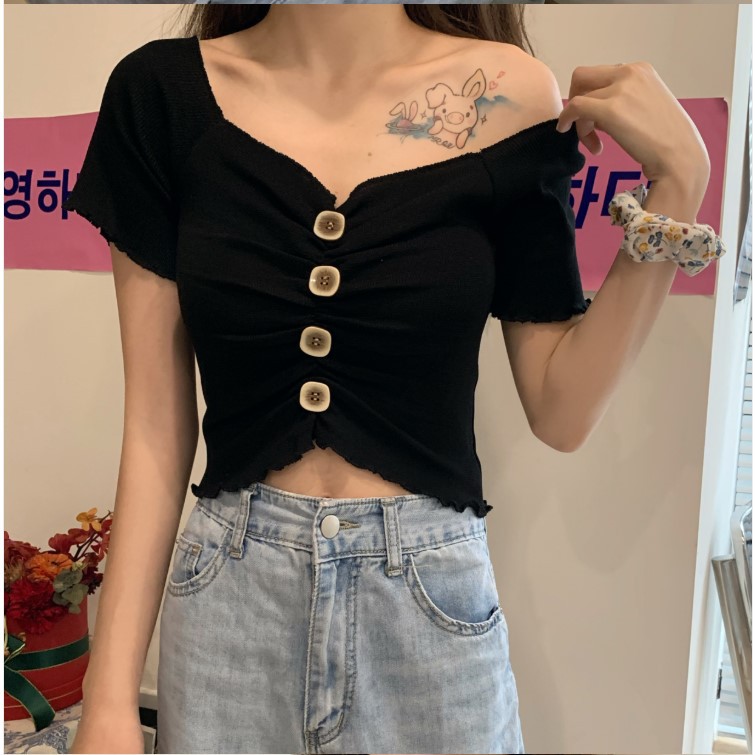 2020 new Korean version of the new big V-neck lace short-sleeved T-shirt one-neck slim fit all-match casual top women - Image 8