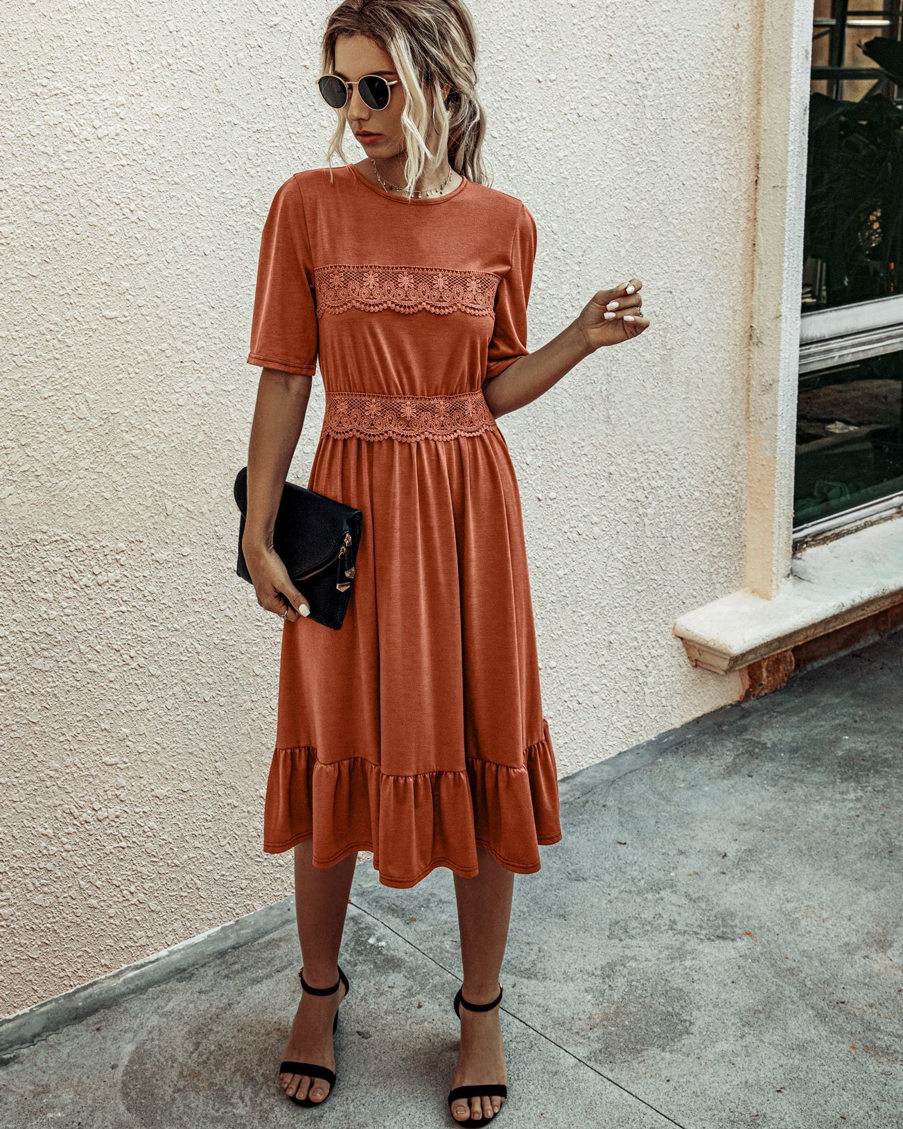Amazon hot sale new spring and summer fashion stitching lace round neck slim female dress B202LQM020 - Image 3