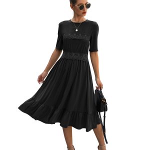 Amazon hot sale new spring and summer fashion stitching lace round neck slim female dress B202LQM020