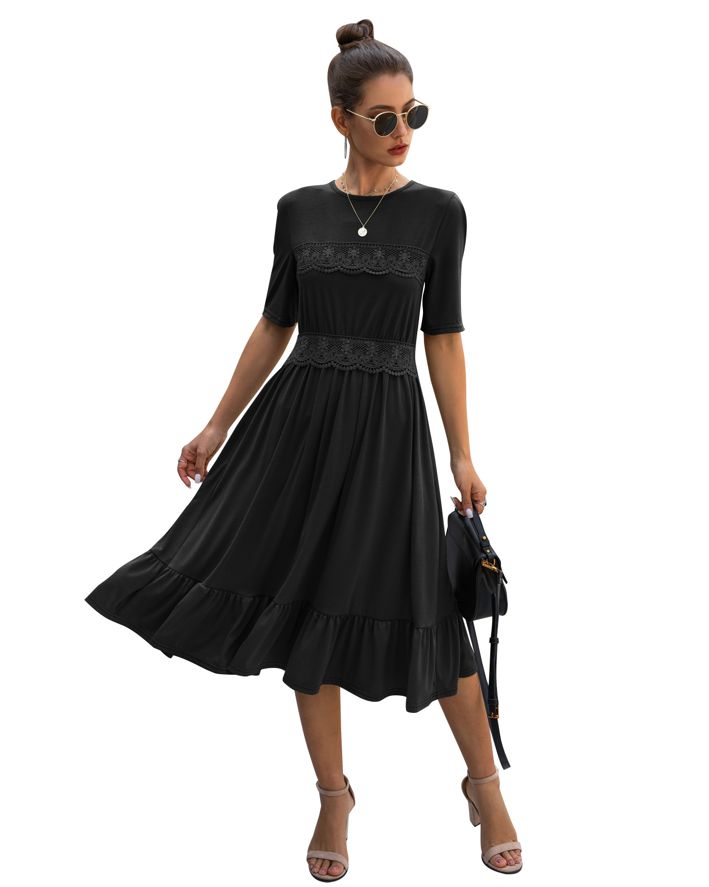 Amazon hot sale new spring and summer fashion stitching lace round neck slim female dress B202LQM020