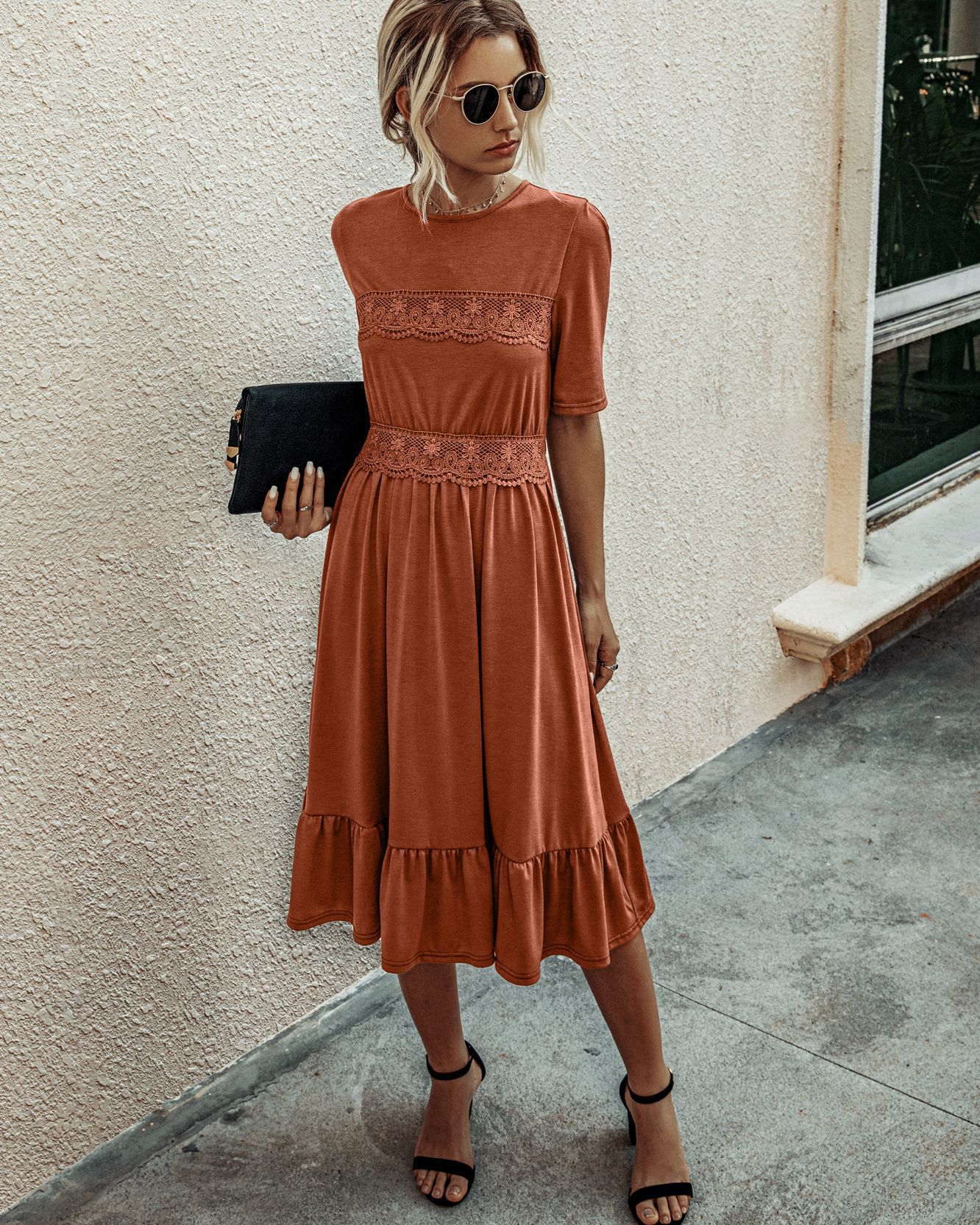 Amazon hot sale new spring and summer fashion stitching lace round neck slim female dress B202LQM020 - Image 5