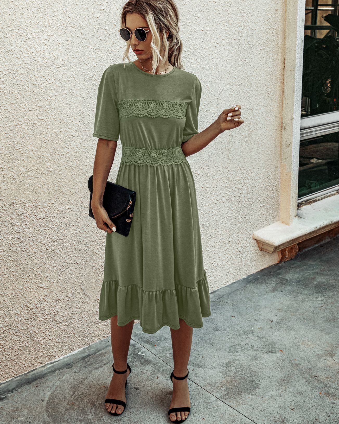 Amazon hot sale new spring and summer fashion stitching lace round neck slim female dress B202LQM020 - Image 7