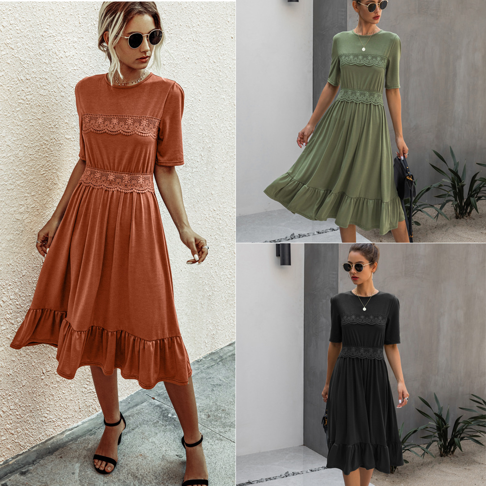 Amazon hot sale new spring and summer fashion stitching lace round neck slim female dress B202LQM020 - Image 6