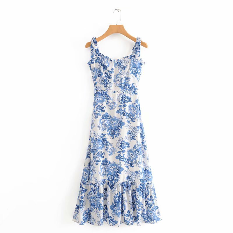Europe and America Wholesale 2020 Summer New Blue and White Porcelain Long Suspender Dress Strap Backless Long Dress C7-0462 - Image 5
