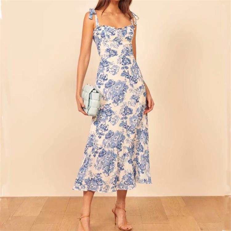 Europe and America Wholesale 2020 Summer New Blue and White Porcelain Long Suspender Dress Strap Backless Long Dress C7-0462 - Image 3