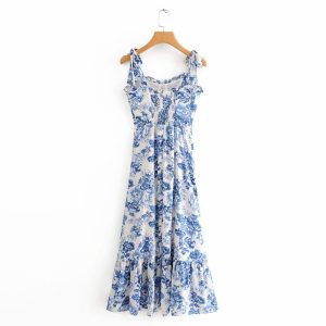 Europe and America Wholesale 2020 Summer New Blue and White Porcelain Long Suspender Dress Strap Backless Long Dress C7-0462