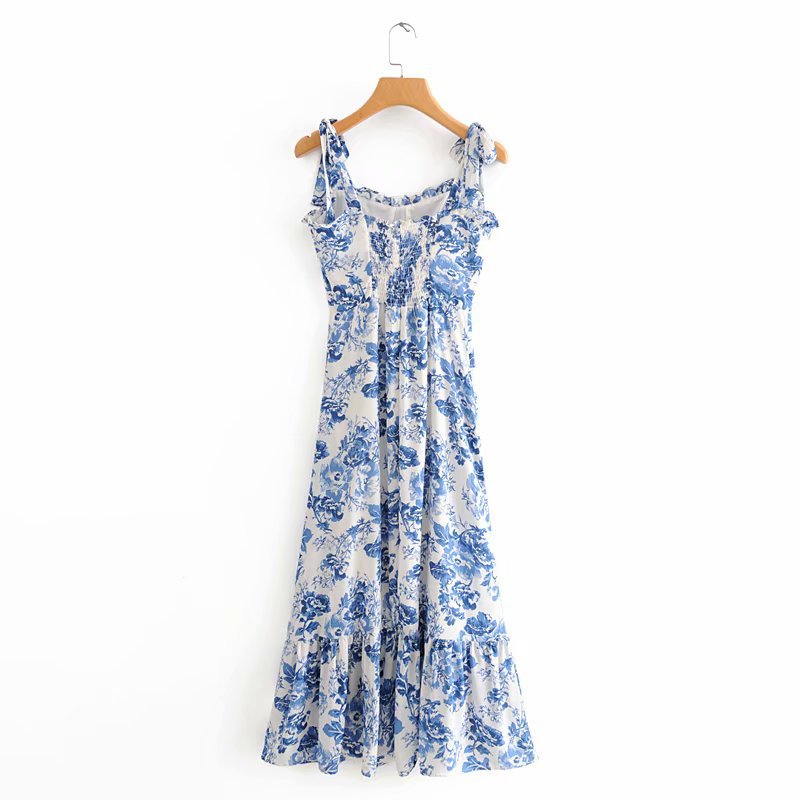 Europe and America Wholesale 2020 Summer New Blue and White Porcelain Long Suspender Dress Strap Backless Long Dress C7-0462