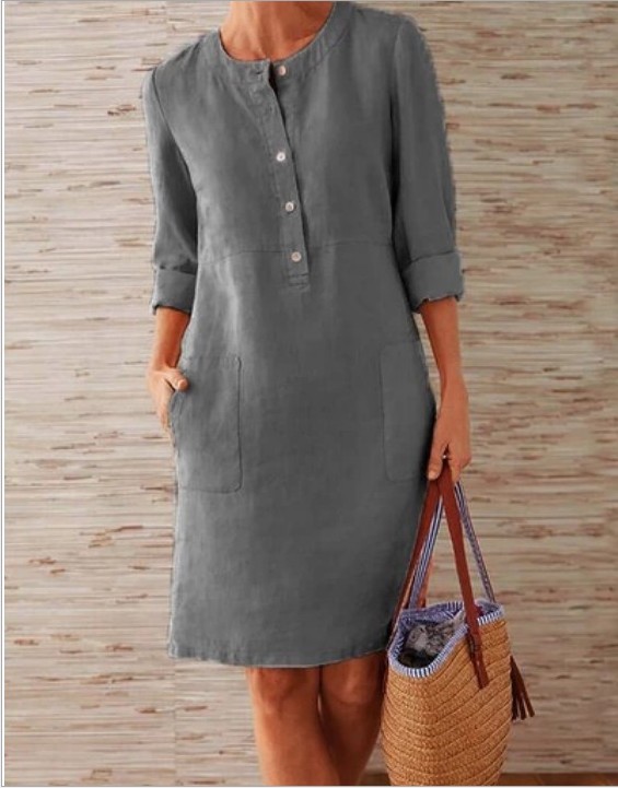 2023 cross-border spring new Amazon AliExpress hot style large size women's clothing cotton and linen round neck long-sleeved dress - Image 3