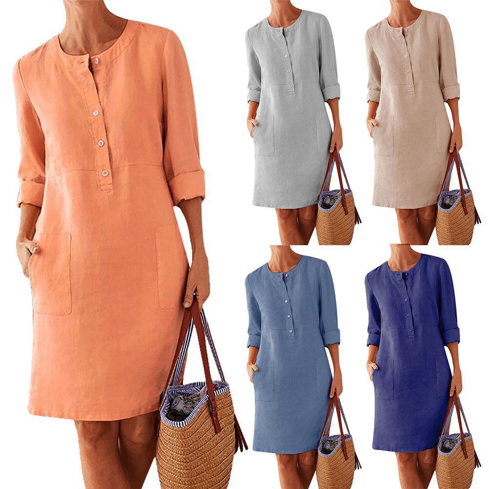 2023 cross-border spring new Amazon AliExpress hot style large size women's clothing cotton and linen round neck long-sleeved dress - Image 11