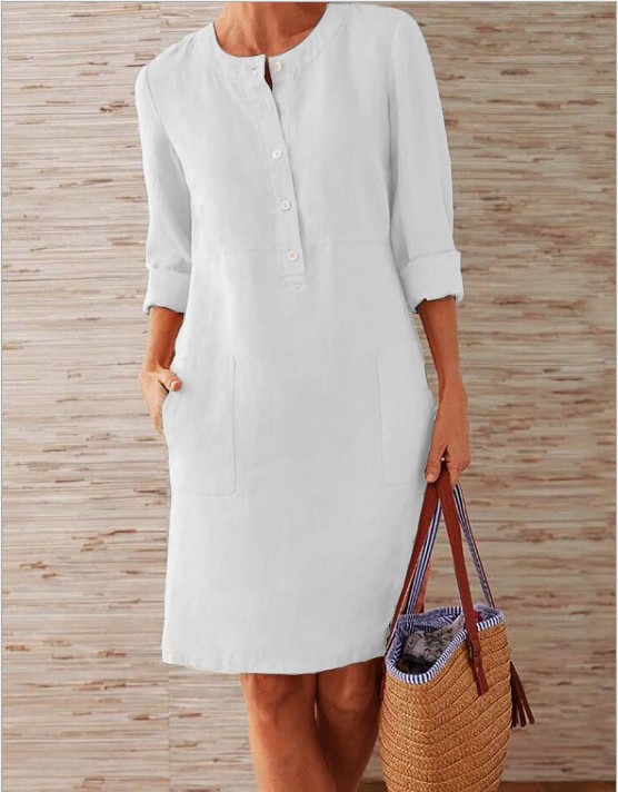 2023 cross-border spring new Amazon AliExpress hot style large size women's clothing cotton and linen round neck long-sleeved dress - Image 5