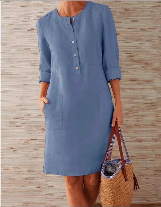 2023 cross-border spring new Amazon AliExpress hot style large size women's clothing cotton and linen round neck long-sleeved dress - Image 9