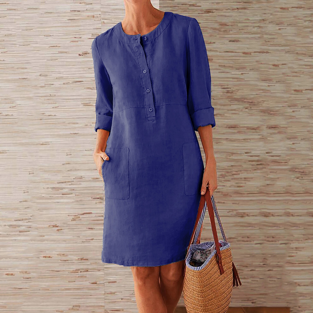 2023 cross-border spring new Amazon AliExpress hot style large size women's clothing cotton and linen round neck long-sleeved dress - Image 4