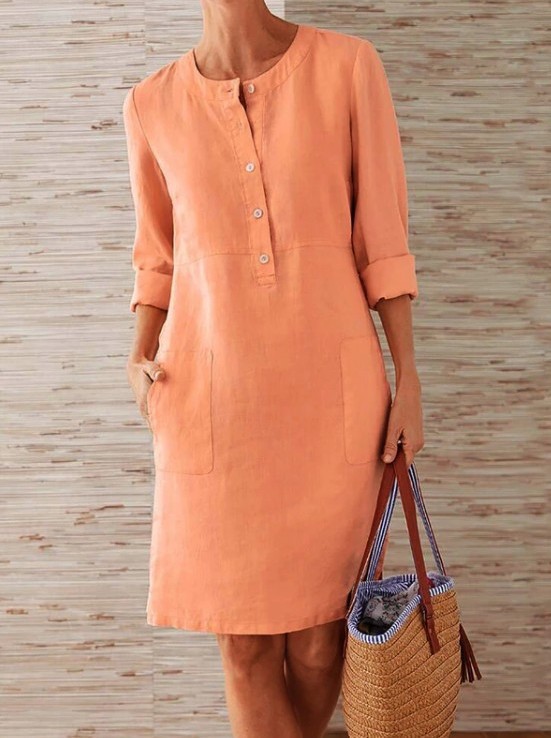 2023 cross-border spring new Amazon AliExpress hot style large size women's clothing cotton and linen round neck long-sleeved dress - Image 2