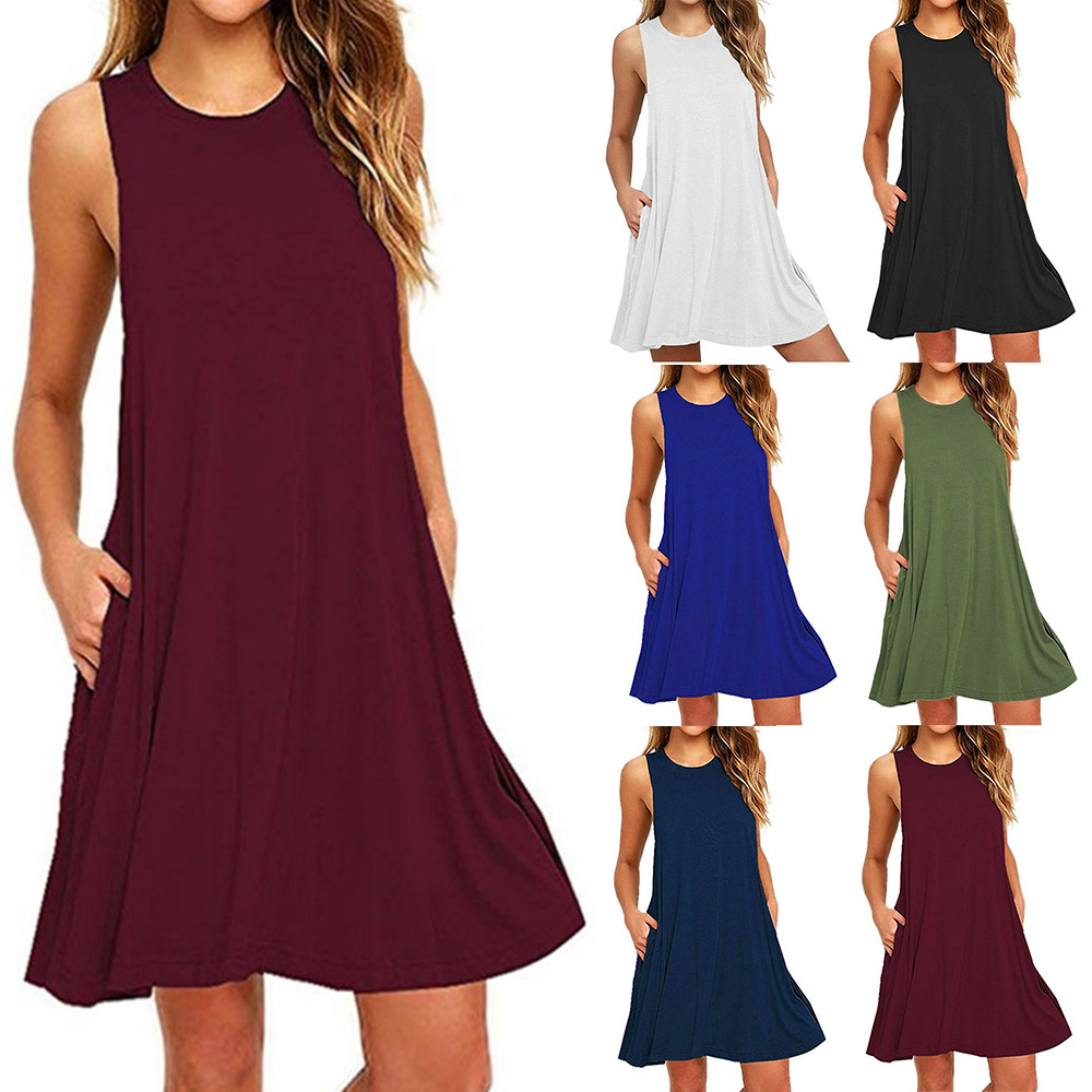2020 Summer New Amazon Wish AliExpress Hot Sale Foreign Trade Solid Color Sleeveless Slim A- line Dress Women
