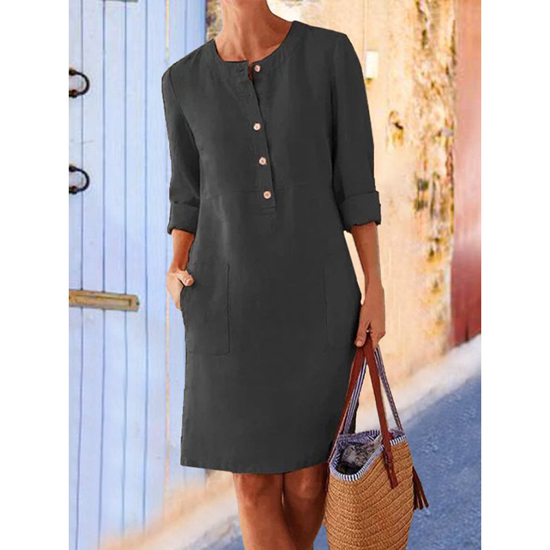 2023 cross-border spring new Amazon AliExpress hot style large size women's clothing cotton and linen round neck long-sleeved dress - Image 6