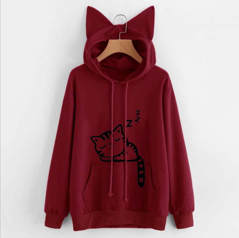 AliExpress Hot Sale Autumn Loose Fleece Printed Cat Cat Hoodie - Image 9