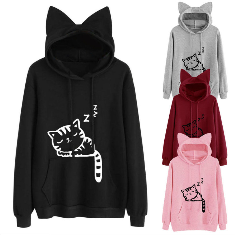 AliExpress Hot Sale Autumn Loose Fleece Printed Cat Cat Hoodie - Image 8
