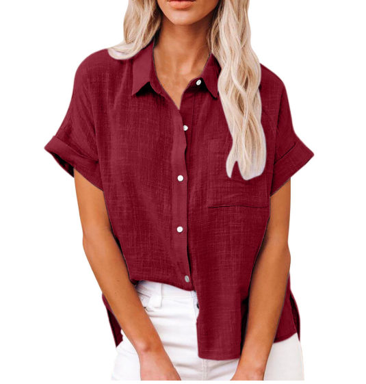 Amazon wish2022 summer new European and American cross-border women's solid color linen shirt short-sleeved casual loose shirt - Image 14