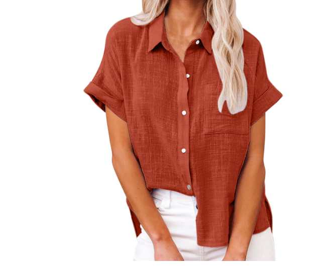 Amazon wish2022 summer new European and American cross-border women's solid color linen shirt short-sleeved casual loose shirt - Image 15