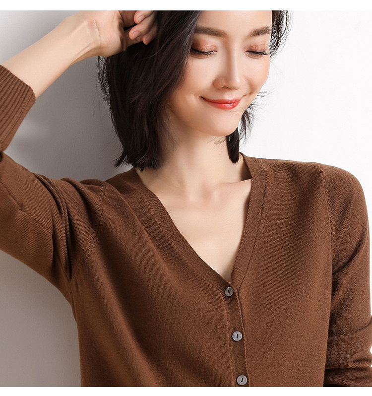 Autumn and winter 2021 new knitted sweater women's cardigan jacket solid color V-neck slim wool knitted outer sweater wholesale - Image 12