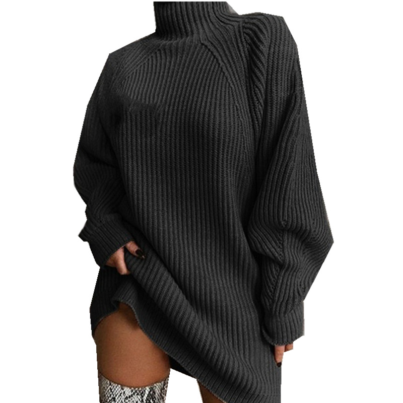 2022 autumn and winter new products wish explosive style knitted sweater mid-length raglan sleeve half turtleneck sweater dress - Image 2
