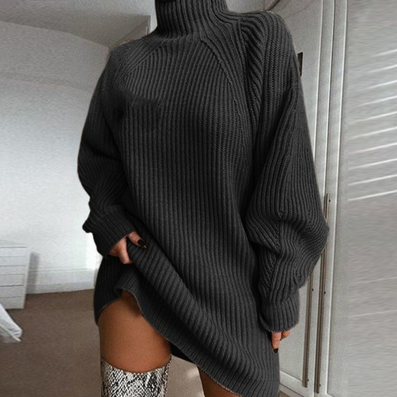 2022 autumn and winter new products wish explosive style knitted sweater mid-length raglan sleeve half turtleneck sweater dress - Image 3