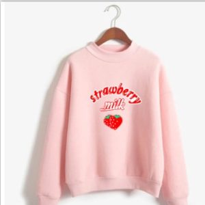 Wish eBay strawberry fashion personality all-match pattern printing STAWBERRY MILK round neck hoodless sweater