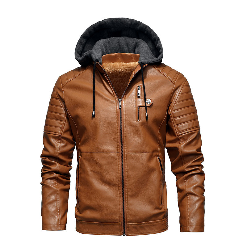 Autumn and winter stand-up collar casual youth zipper digging bag fit zipper plus velvet spot hooded men's jacket leather jacket
