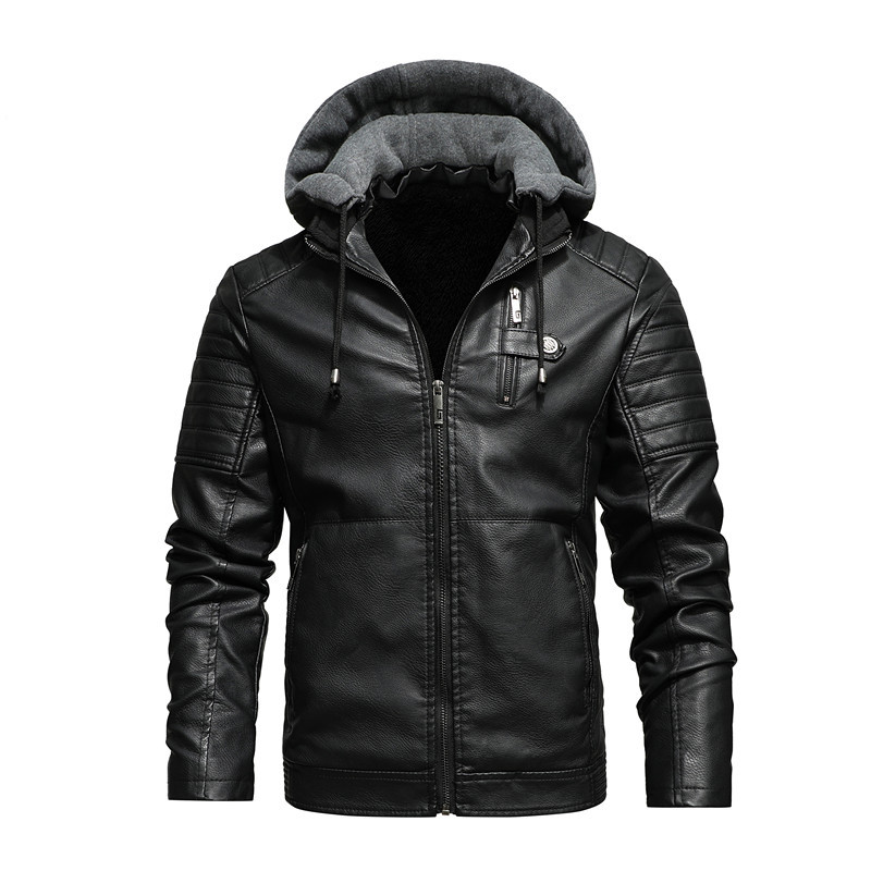 Autumn and winter stand-up collar casual youth zipper digging bag fit zipper plus velvet spot hooded men's jacket leather jacket - Image 8
