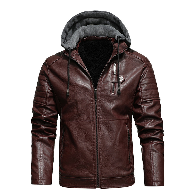 Autumn and winter stand-up collar casual youth zipper digging bag fit zipper plus velvet spot hooded men's jacket leather jacket - Image 4