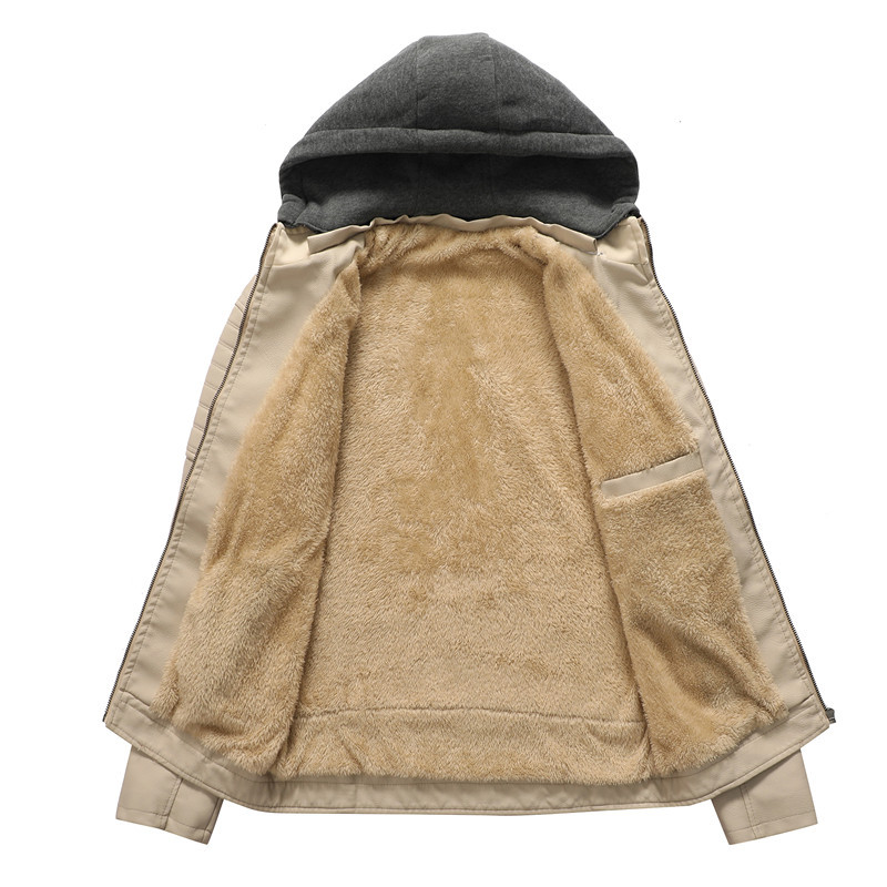 Autumn and winter stand-up collar casual youth zipper digging bag fit zipper plus velvet spot hooded men's jacket leather jacket - Image 6