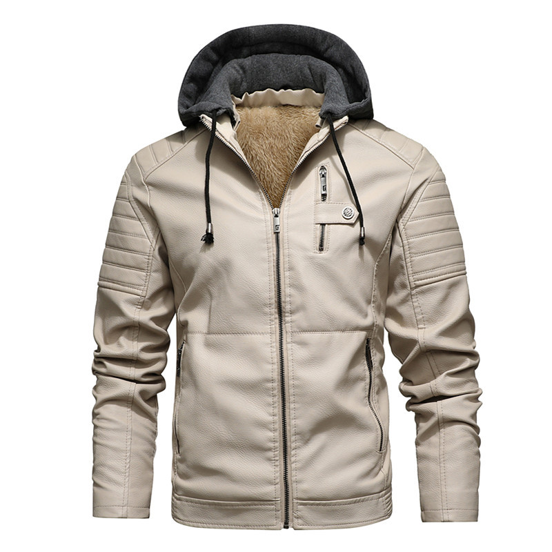 Autumn and winter stand-up collar casual youth zipper digging bag fit zipper plus velvet spot hooded men's jacket leather jacket - Image 3