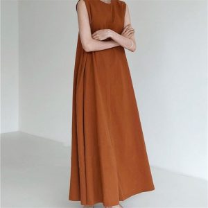 6801 Korean chic loose cotton linen dress for women, 2025 summer, sleeveless long over-the-knee vest dress