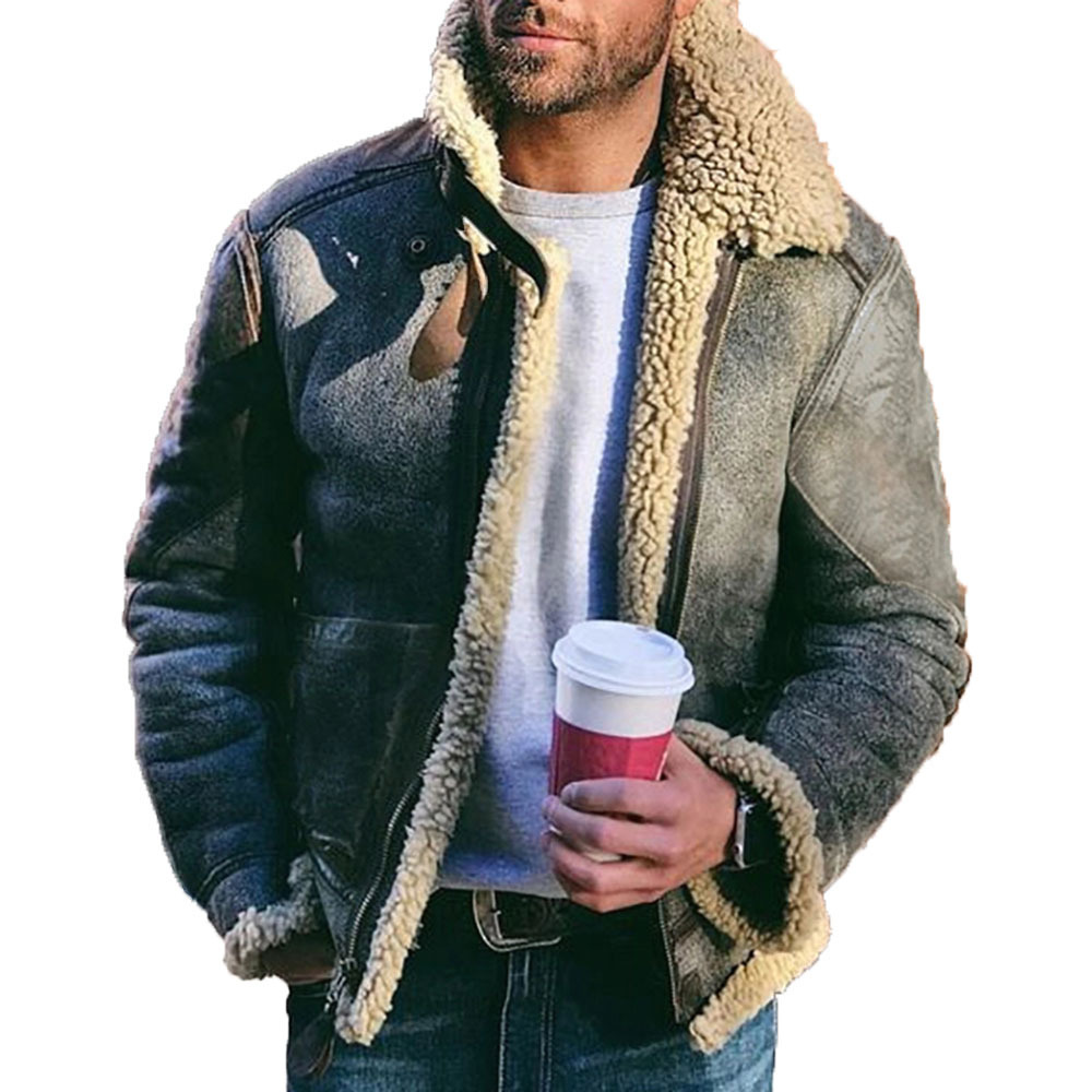 Spot hot sale wish AliExpress men's imitation leather plush fur one short belt large lapel men's jacket - Image 4