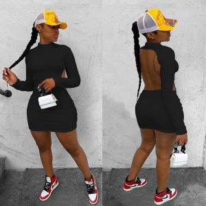 W8109 Amazon AliExpress 2020 pure color high stretch long sleeve sexy backless nightclub style dress