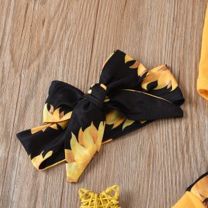 Cross-border children's yellow English letters Little flying sleeve romper + sunflower long & shorts + turban three-piece suit