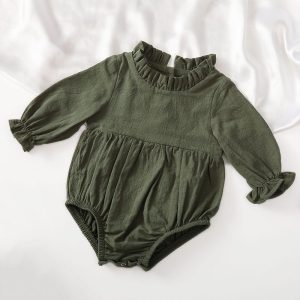 Cross-border new long-sleeved cotton and linen newborn harem solid color flying sleeves lace neckline baby jumpsuit children's harem
