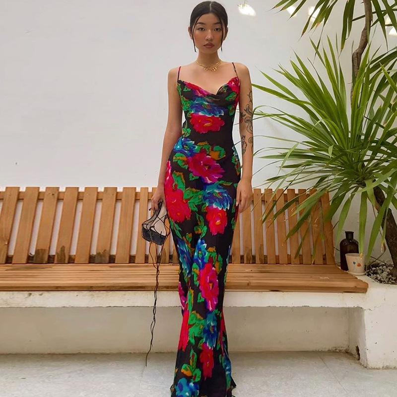 2022 European and American hot summer women's new sexy printing pile collar suspenders halter dress women's dress - Image 7