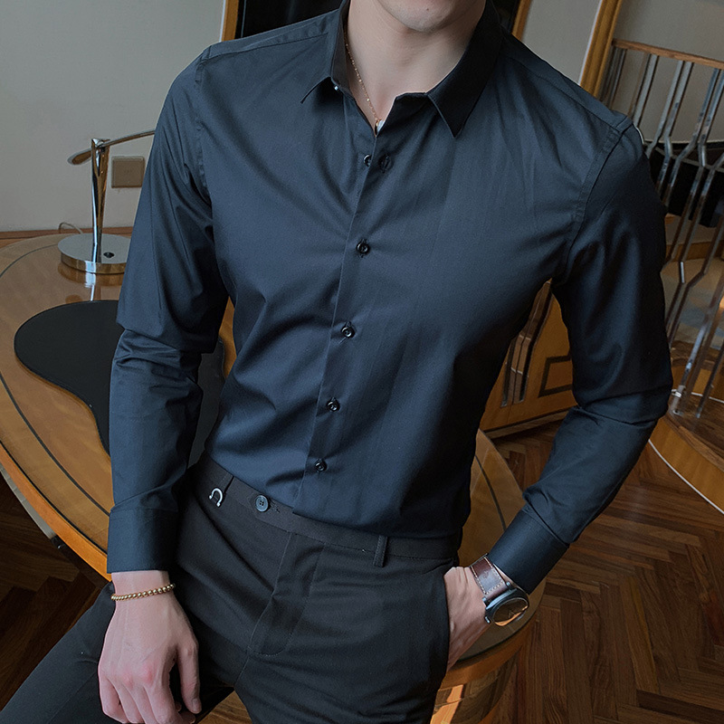 2021 Spring and Autumn New Men's Long Sleeve Shirt Youth Business Men's Lapel Solid Color Thin Non-iron Shirt - Image 3