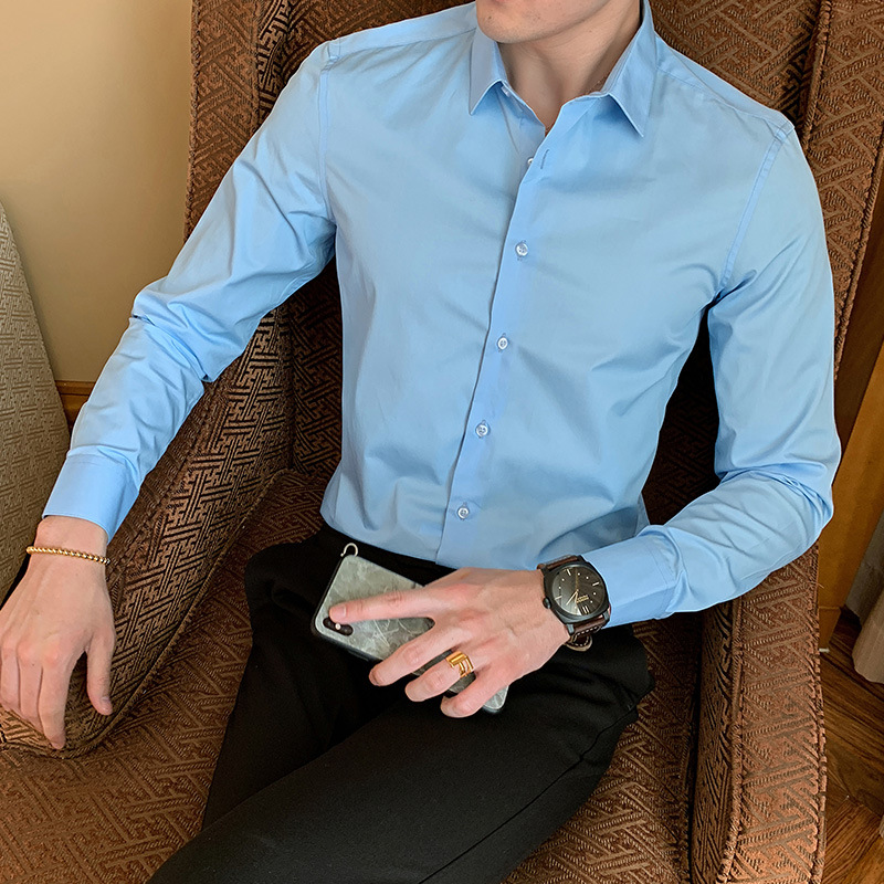 2021 Spring and Autumn New Men's Long Sleeve Shirt Youth Business Men's Lapel Solid Color Thin Non-iron Shirt - Image 5