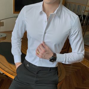 2021 Spring and Autumn New Men's Long Sleeve Shirt Youth Business Men's Lapel Solid Color Thin Non-iron Shirt