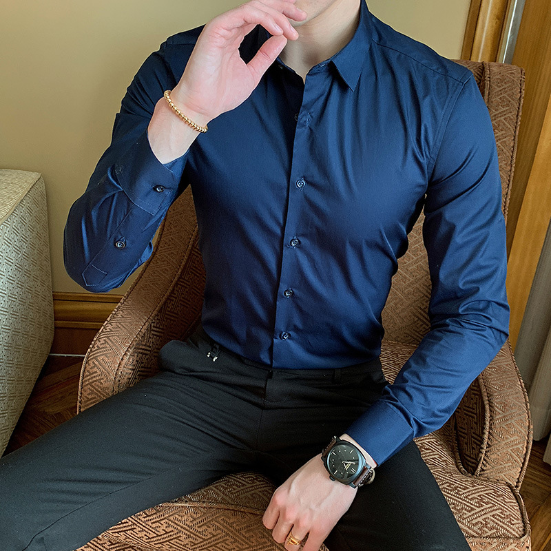 2021 Spring and Autumn New Men's Long Sleeve Shirt Youth Business Men's Lapel Solid Color Thin Non-iron Shirt - Image 4