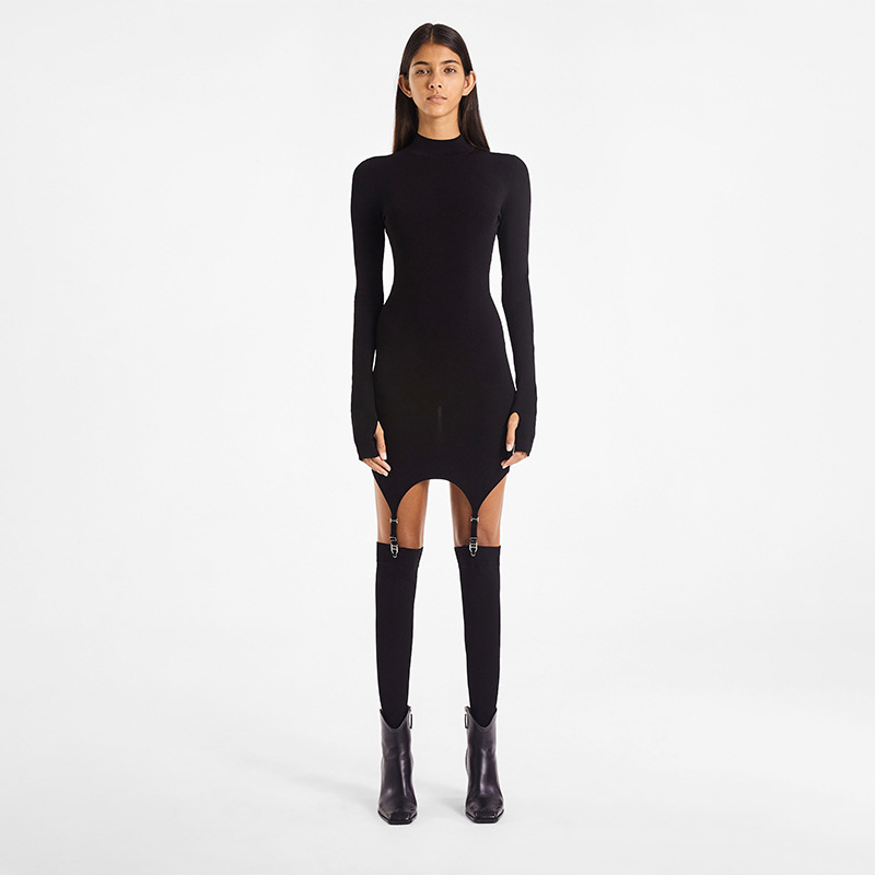 Foreign trade women's clothing 2020 autumn AliExpress new solid color long-sleeved high-neck slim fit hip sexy hook socks dress - Image 2
