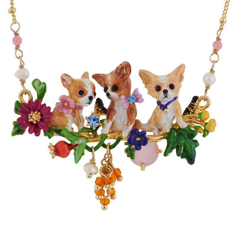 Three-dimensional exquisite enamel glaze flower gemstone Chihuahua puppy multi-tassel necklace, cute pet clavicle chain - Image 6