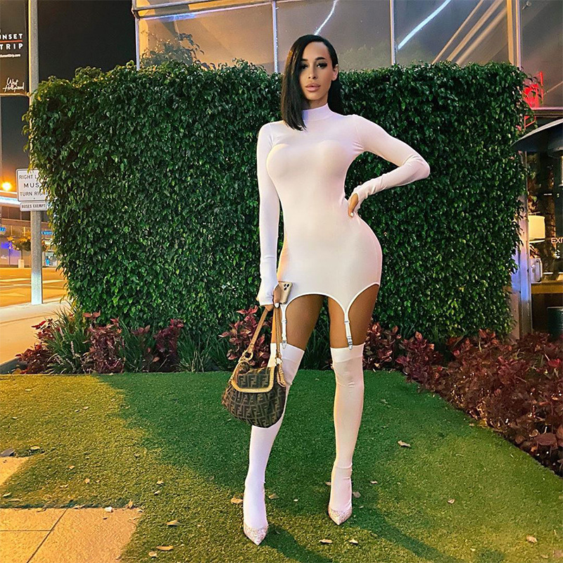 Foreign trade women's clothing 2020 autumn AliExpress new solid color long-sleeved high-neck slim fit hip sexy hook socks dress - Image 3