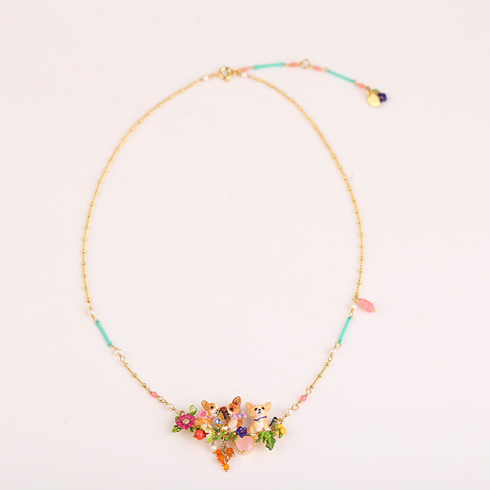 Three-dimensional exquisite enamel glaze flower gemstone Chihuahua puppy multi-tassel necklace, cute pet clavicle chain - Image 5